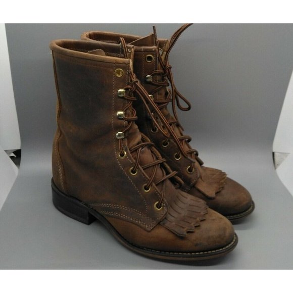 Vintage LAREDO Lace Up Roper Women\'s Leather Work Boots Size 5.5M Made in USA main image 4